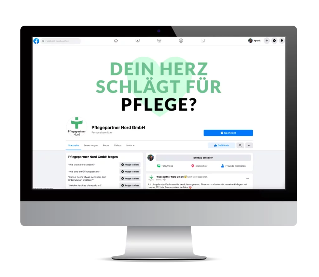 Startscreen der Pflegepartner Nord Social Media als responsive Darstellung auf dem Desktop