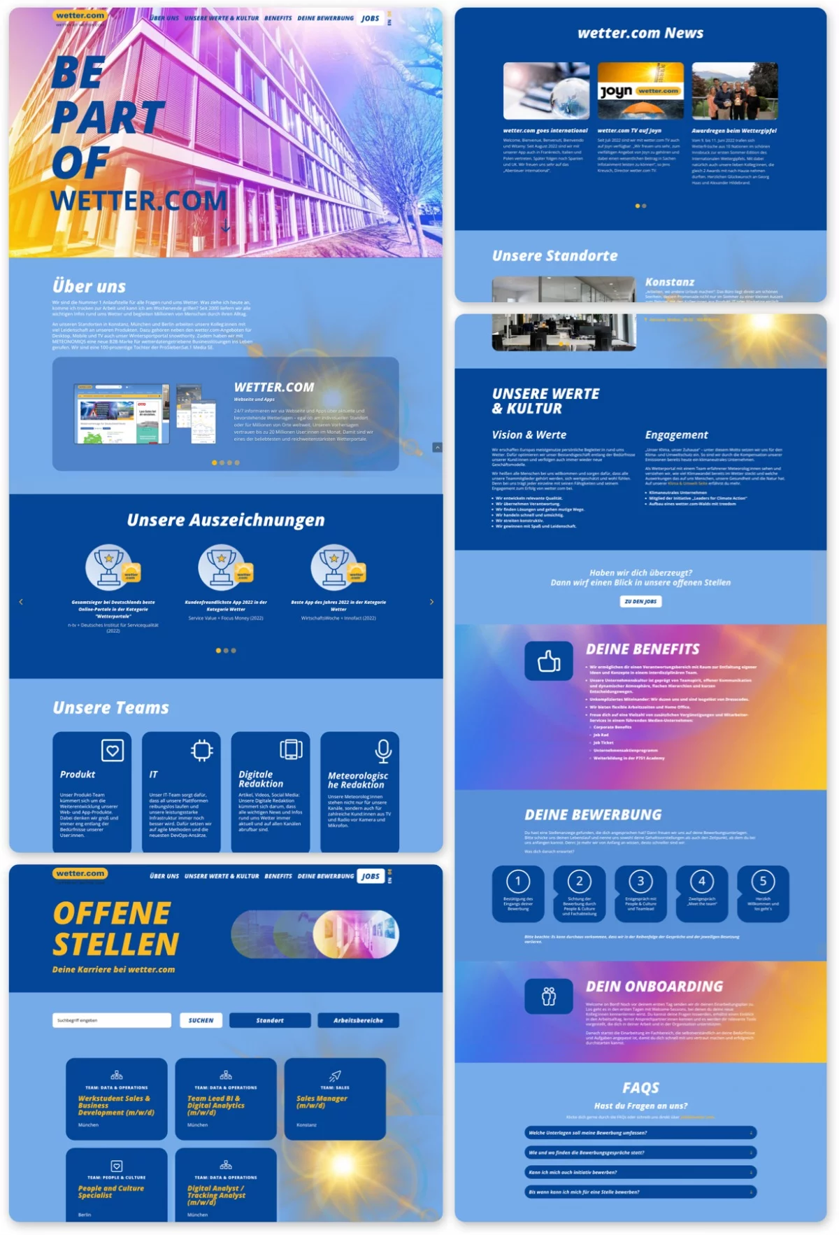 Verschiedene Ansichten der Karriere-Website "Be part of wetter.com" der Pro7Sat1-Tocher wetter.com