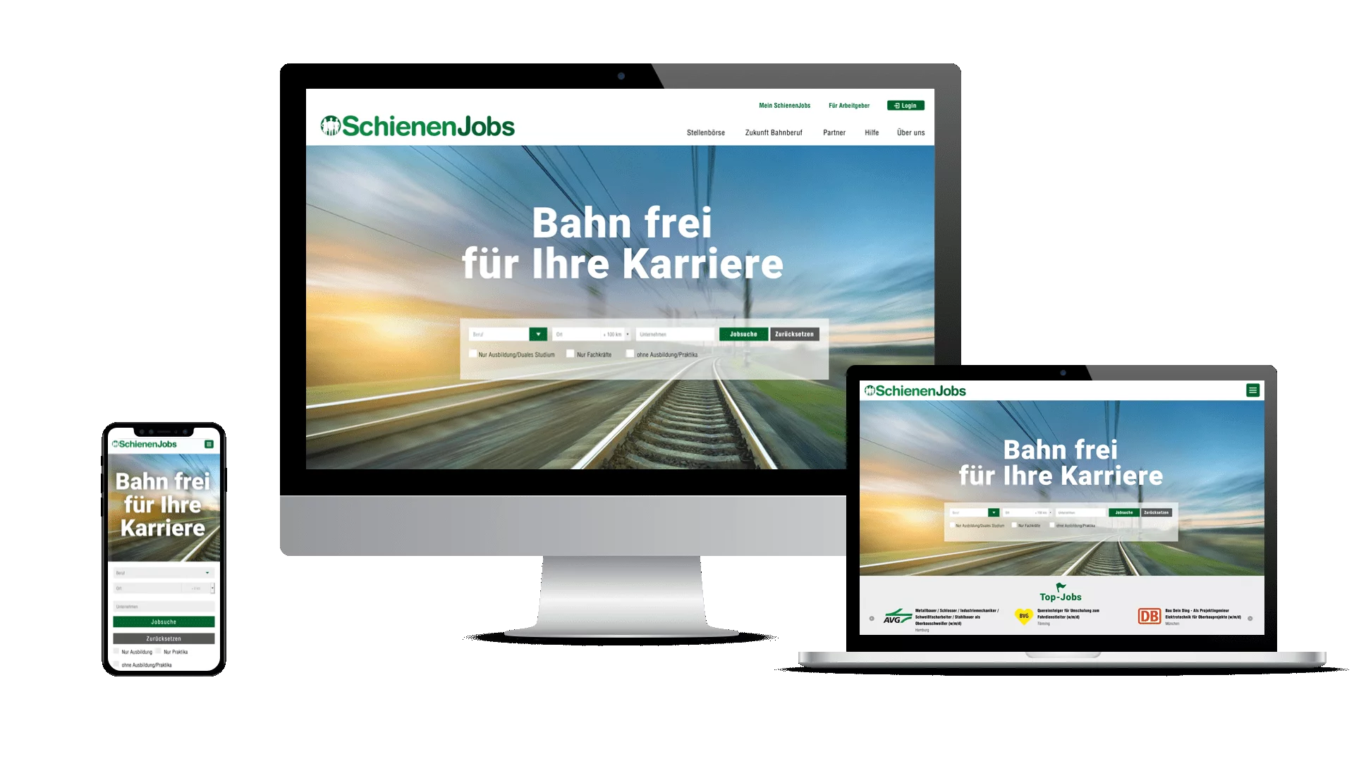 Screens, auf denen die Startseite des Karriereportals SchienenJobs.de zu sehen ist