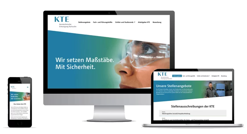 Screens, auf denen die Karriere-Website der Kerntechnischen Versorgung Karlsruhe (KTE) zu sehen ist