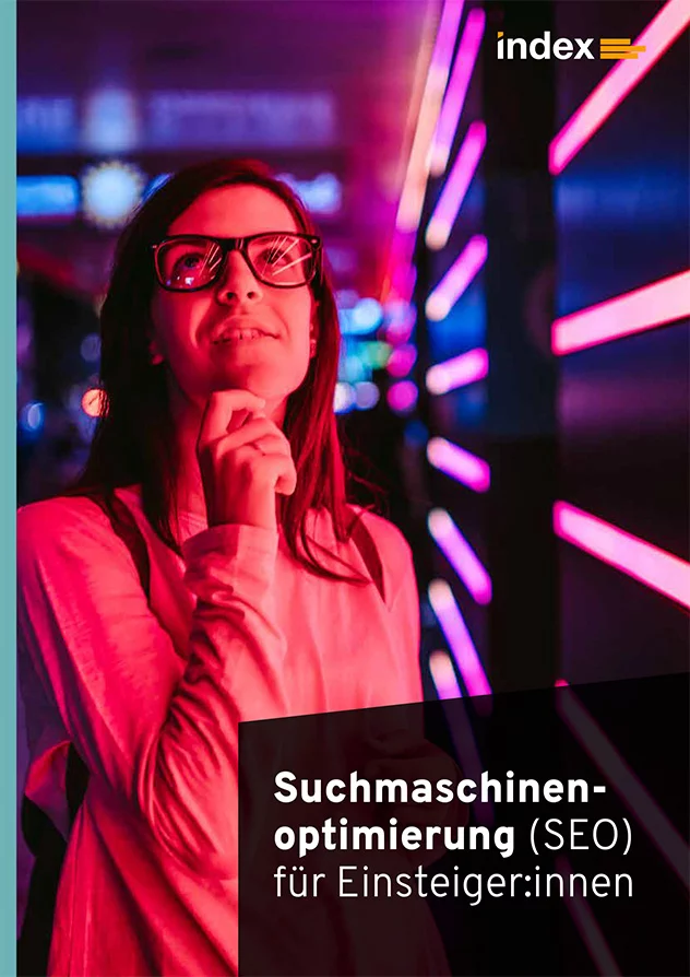Titelseite des White Papers SEO für Einsteiger mit index Logo und Frau mit fragendem Gesicht