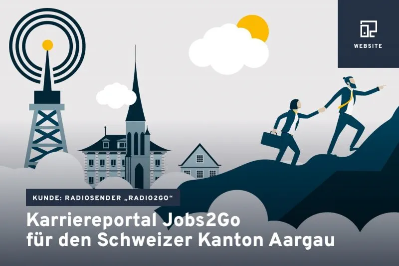Illustration mit Sendemast, Kirche und Personen – Teaserbild für das Karriereportal „Jobs2Go“ im Schweizer Kanton Aargau.