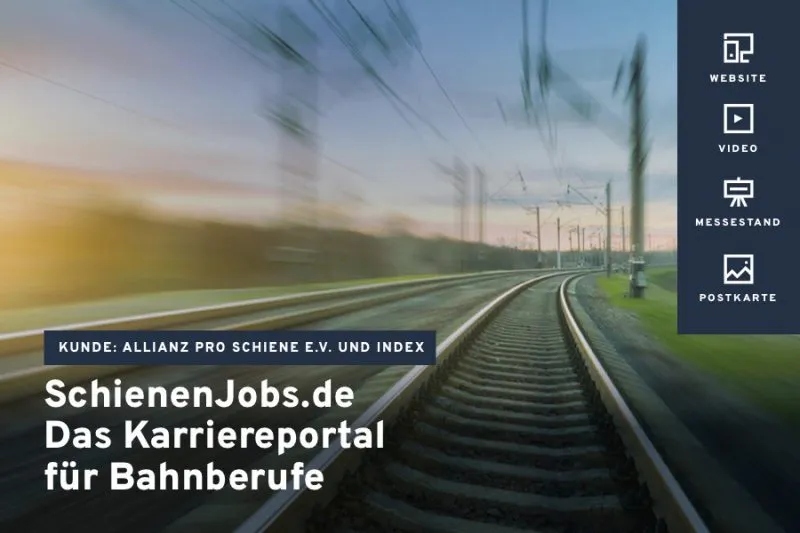 Schnell vorbeifahrender Zug auf Gleisen – Teaserbild für „SchienenJobs.de“, das Karriereportal für Bahnberufe.