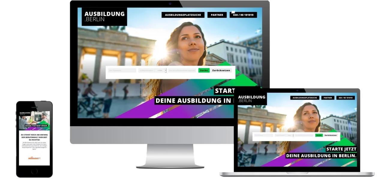 Startscreen des Azubi Karriereportals von IHK Berlin als responsive Darstellung auf dem Handy Laptop und Desktop