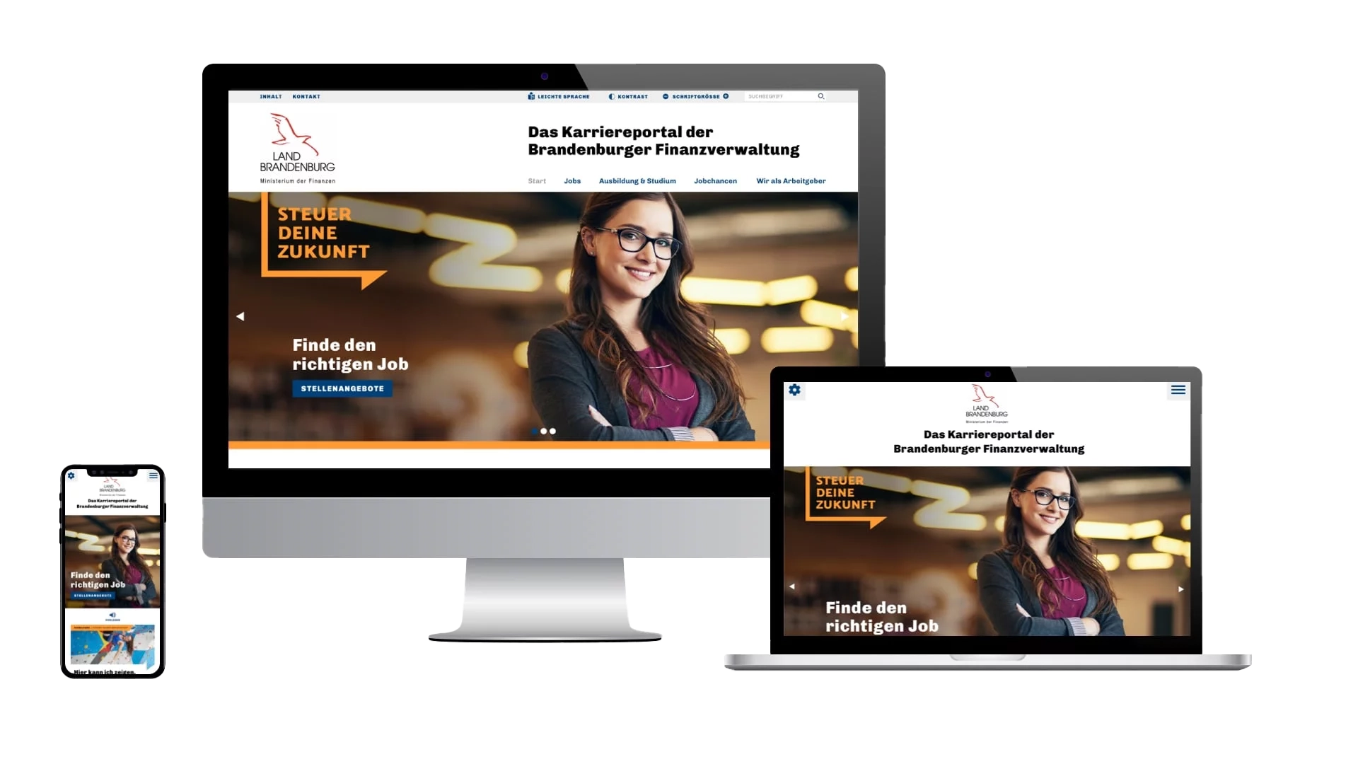 Startscreen des Karriereportals von Brandenburger Finanzverwaltung als responsive Darstellung auf dem Handy Laptop und Desktop