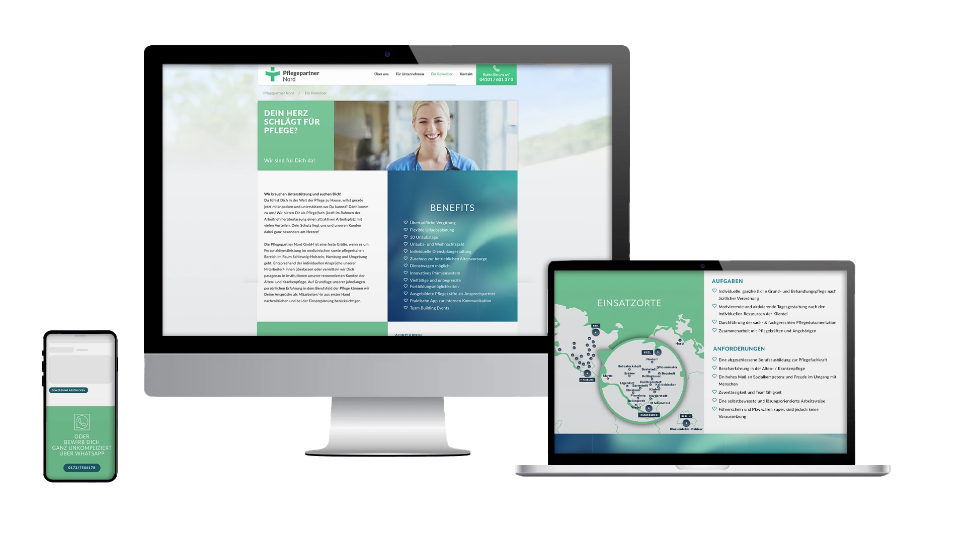 Startscreen des Karriereportals von Pflegepartner Nord als responsive Darstellung auf dem Handy Laptop und Desktop