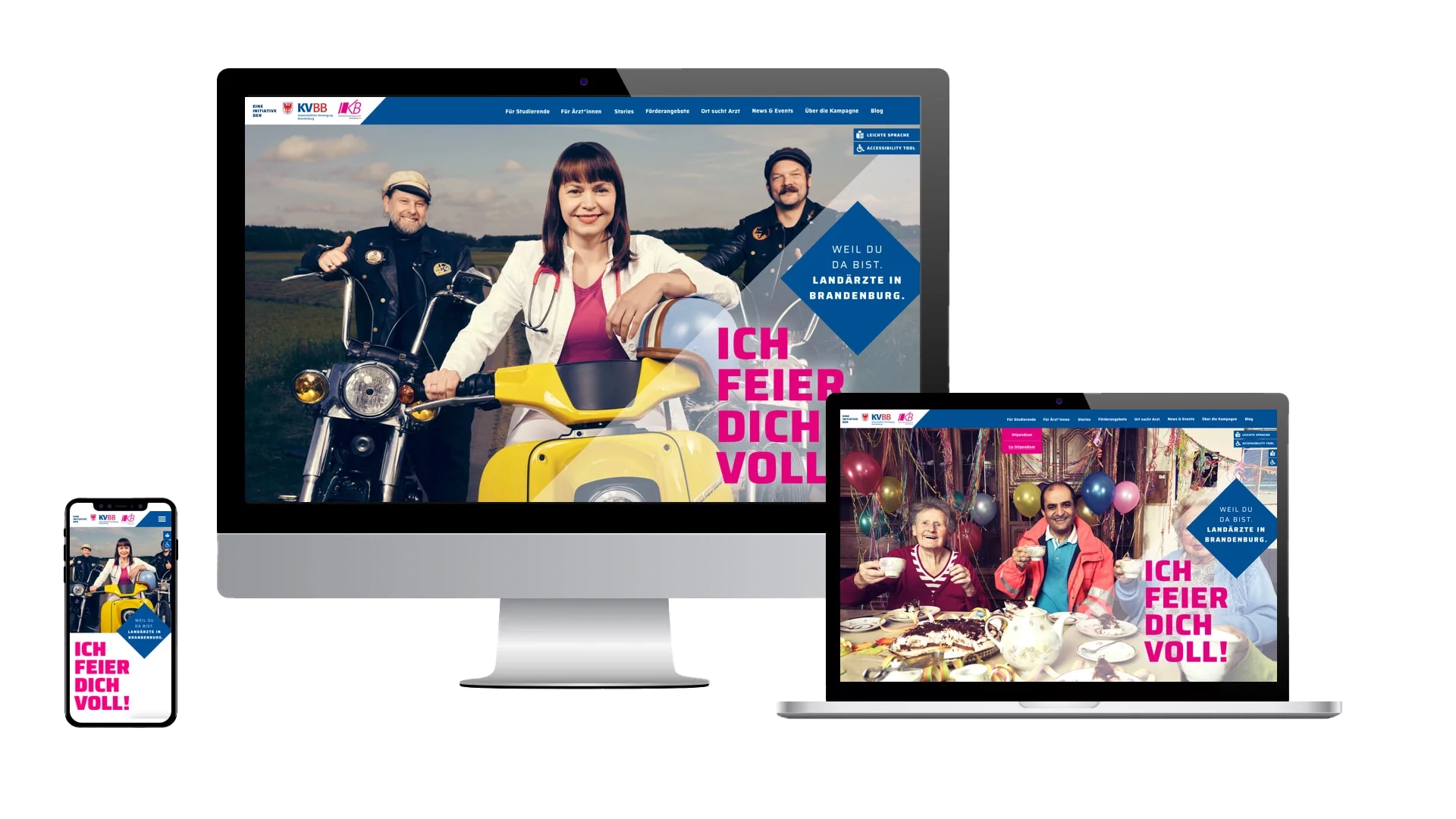 Darstellung des Screendesigns vom KVBB als responsive Darstellung auf dem Handy Laptop und Desktop