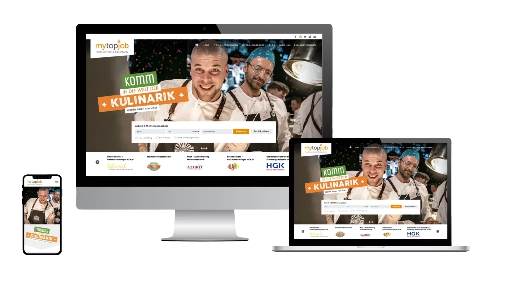 Startscreen des Karriereportals von mytopjob.de als responsive Darstellung auf dem Handy Laptop und Desktop