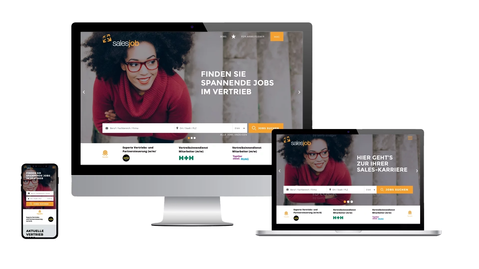 Startscreen des Karriereportals vom salesjob als responsive Darstellung auf dem Handy Laptop und Desktop